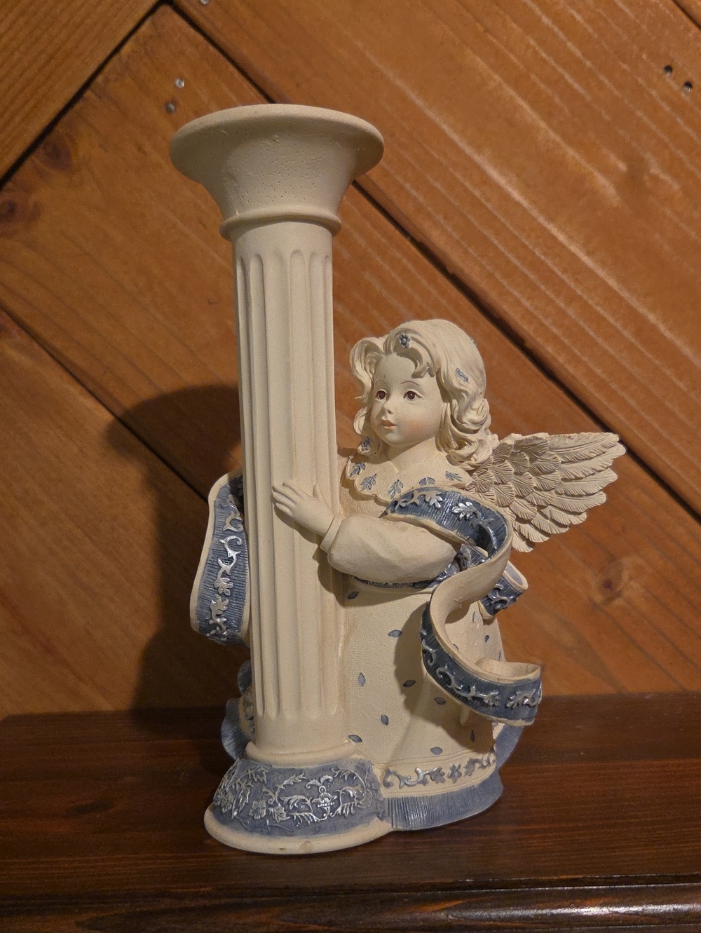 SARAH'S ANGELS Cherub Angel Candle Holder - Cream and Blue Home Art Figurine